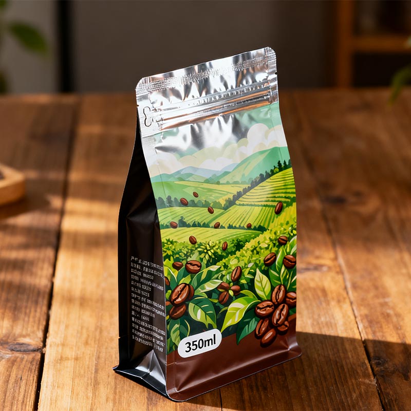 Kafea hartzeko plastikozko poltsa zutik